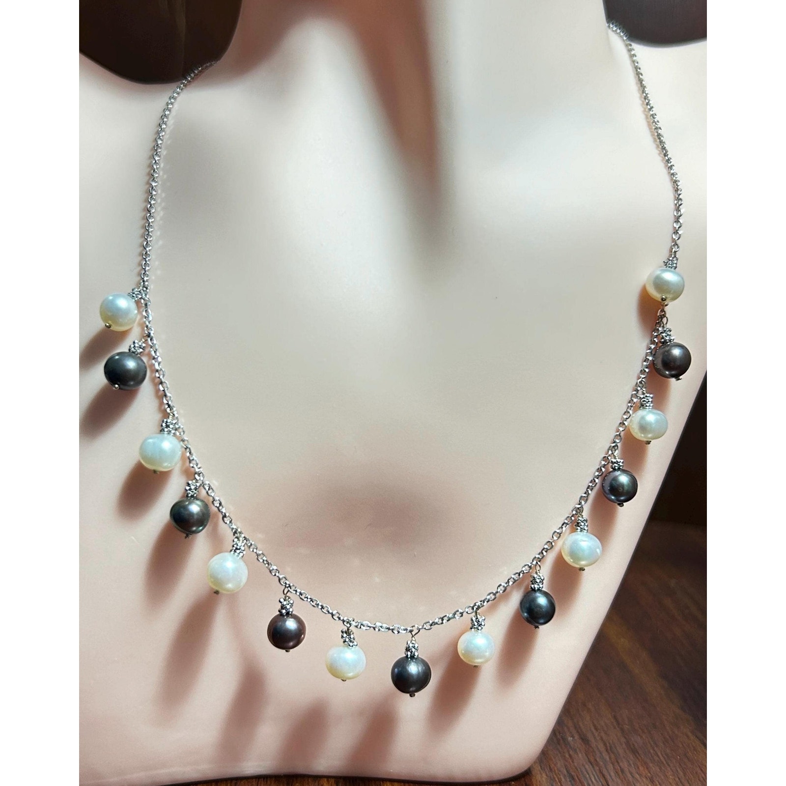 14k White Gold Pearl Dangle Necklace: Tahitian & Freshwater Pearls